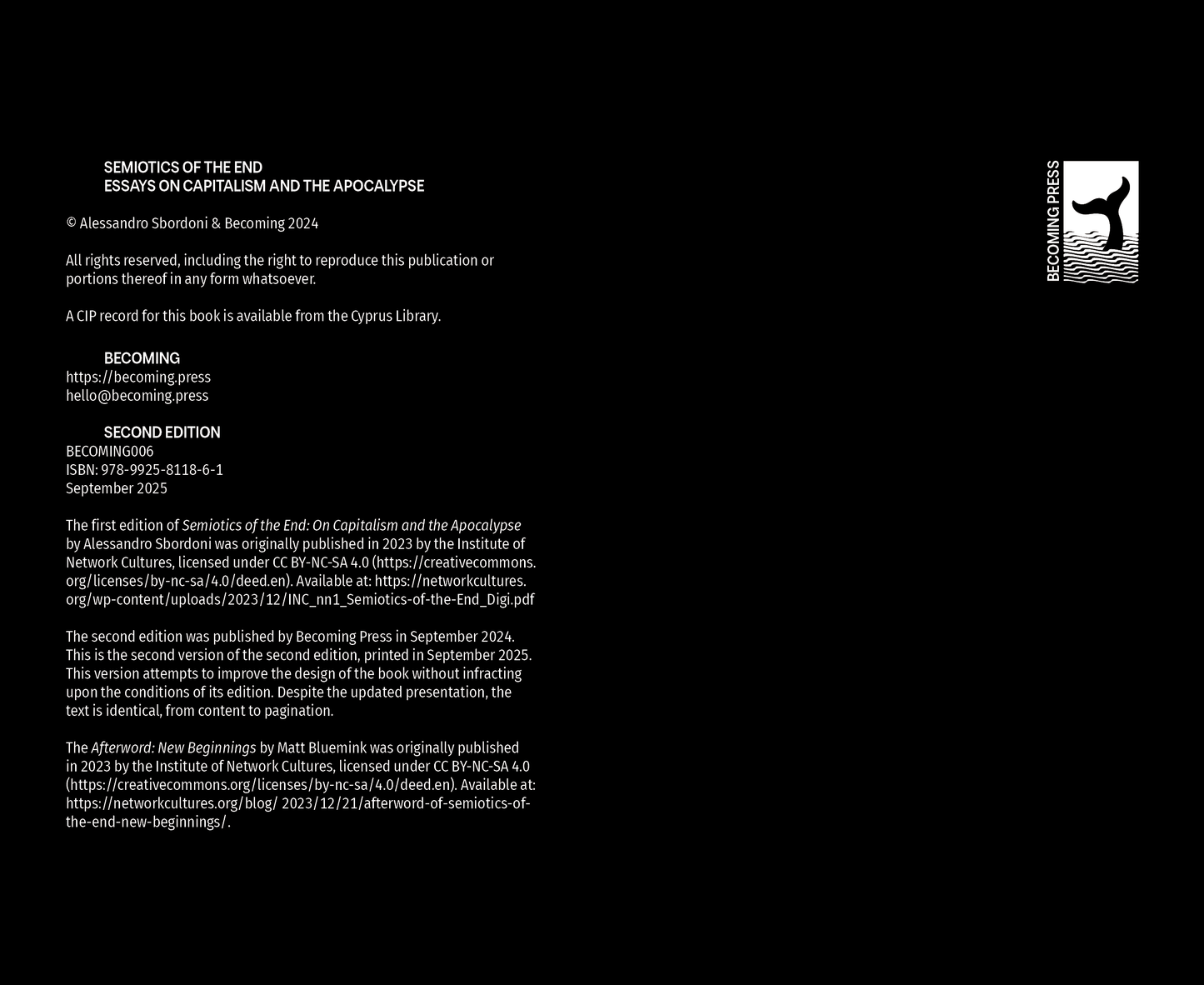 Semiotics of the End: Essays on Capitalism and the Apocalypse (2025) by Alessandro Sbordoni